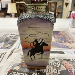 Antique Nippon Hand-Painted Cowboy Double Handle Vase with Intricate Moriage